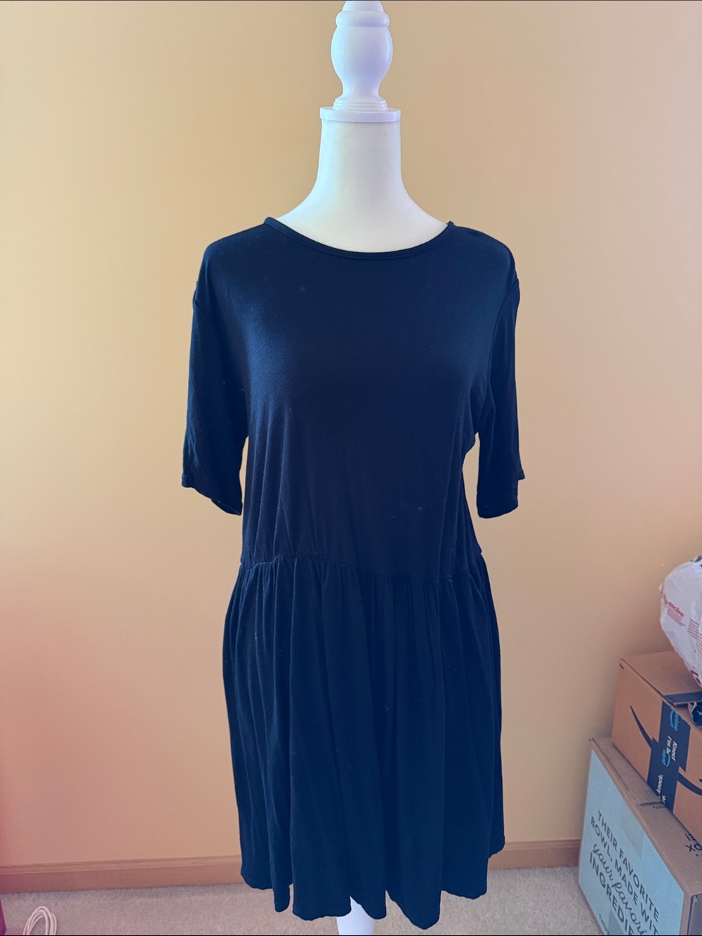 Black Short Sleeve Gathered Waist Dress